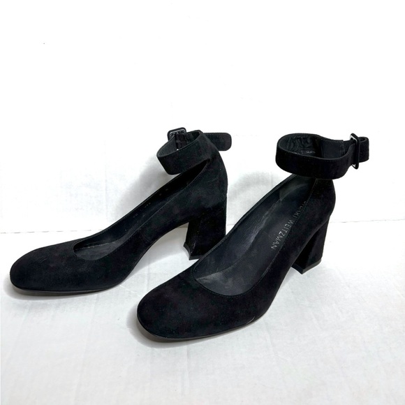Stuart Weitzman Black Suede Clara Ankle Strap Blocky Heel - Picture 1 of 5